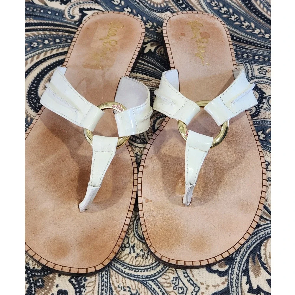 Lilly Pulitzer McKim Sandal Resort White Leather Thong Flat Gold Ring Size 6.5M